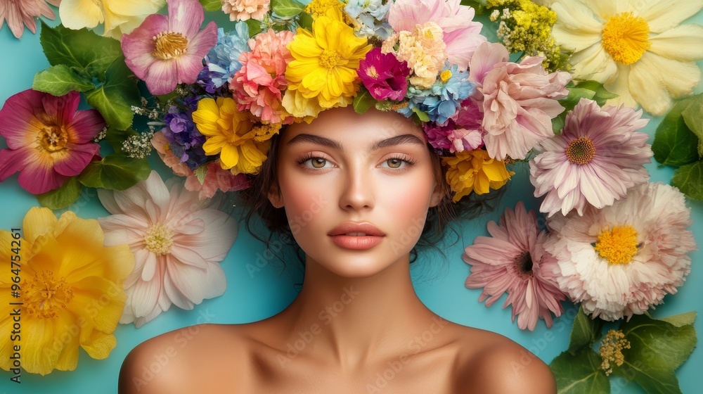Floral Crown Beauty Portrait A Woman Surrounded by Flowers, blue background , flower crown , beauty