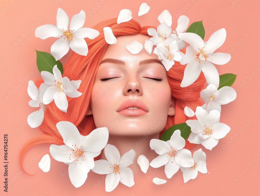 Floral Enchantment A Woman's Face Adorned with White Blossoms, Digital Illustration, Beauty, Flowers, Portrait Floral Enchantment A Woman's Face Adorned with White Blossoms, Digital Illustration, Beauty, Flowers, Portrait