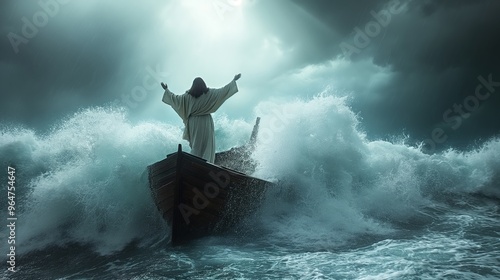 Jesus standing on a small wooden boat in the Sea of Galilee, arms raised as he calms a violent storm. 