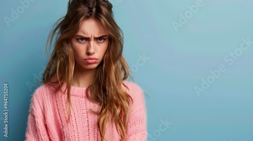 A young woman with an angry expression, wearing a pink sweater against a blue background.