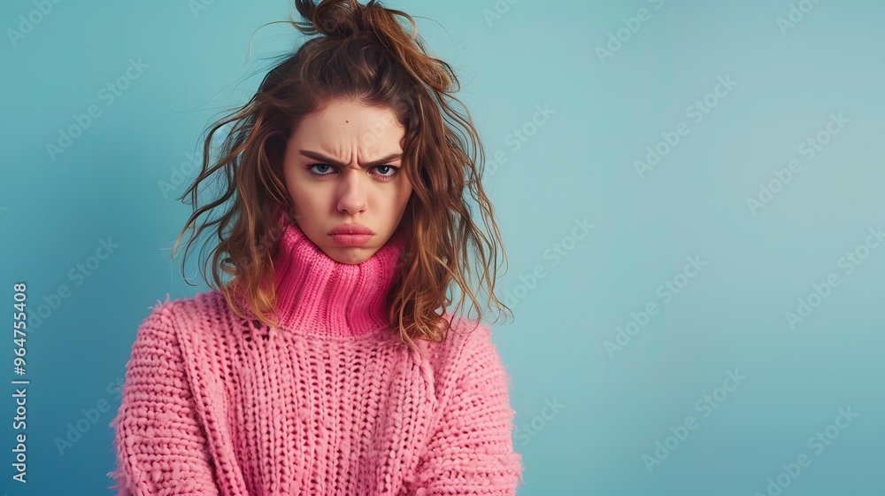 Fototapeta premium A young woman with an angry expression, wearing a pink sweater against a blue background.