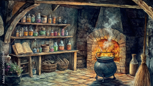 Witchs Hut With Shelves Of Miracle Potions Cauldron Brewing Potion Magic Book And Broom Near Wall Watercolor Illustration For Childrens Book Enchanted Witchs Home Magical Potions
