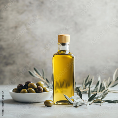 Bottle of golden olive oil standing on a table with a bowl of olives surrounded by olive branches grey solid background photo