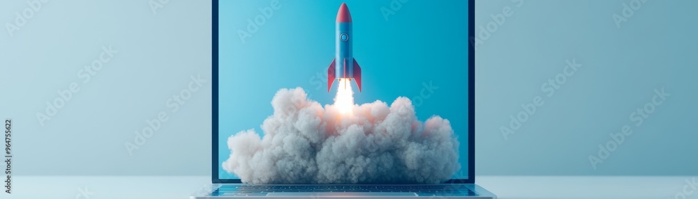 Laptop Rocket Launch, Startup, Growth, Innovation Laptop Rocket Launch, Startup, Growth, Innovation