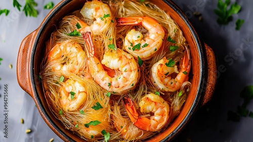 A delicious bowl of shrimp with noodles garnished with fresh herbs, perfect for seafood lovers and culinary enthusiasts. photo