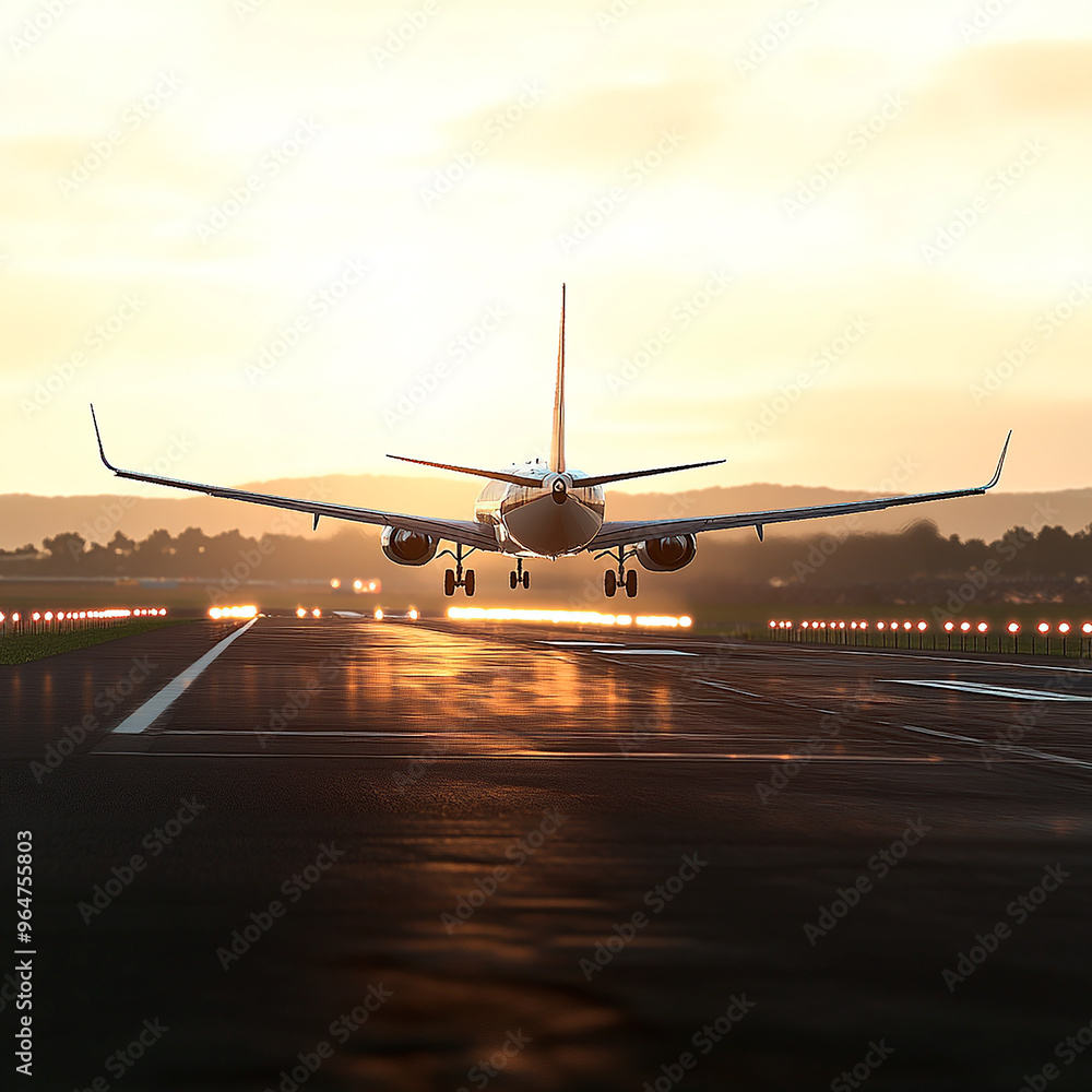Passenger airplane on runway at sunset Passenger airplane on runway at sunset
