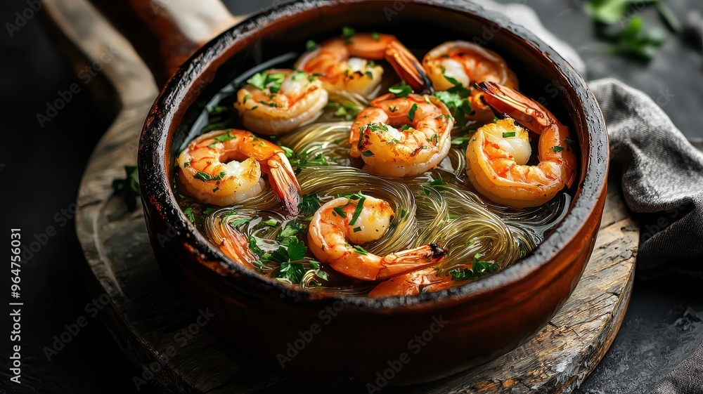 Delicious shrimp soup served in a rustic bowl, garnished with herbs and accompanied by thin noodles, perfect for a comforting meal. Delicious shrimp soup served in a rustic bowl, garnished with herbs and accompanied by thin noodles, perfect for a comforting meal.