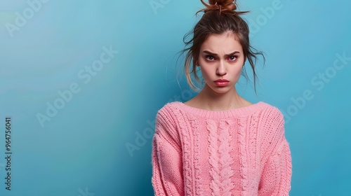 A young woman with an angry expression, wearing a pink sweater against a blue background.