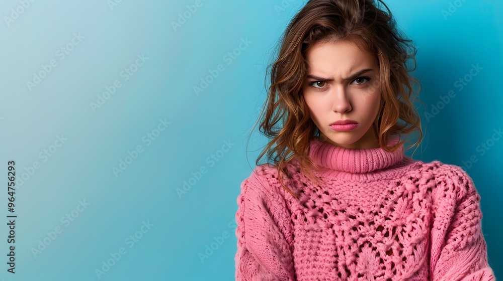 Fototapeta premium A young woman with an angry expression, wearing a pink sweater against a blue background.