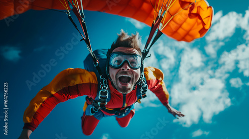 Male skydiver flying with parachute in the sky, extreme sport