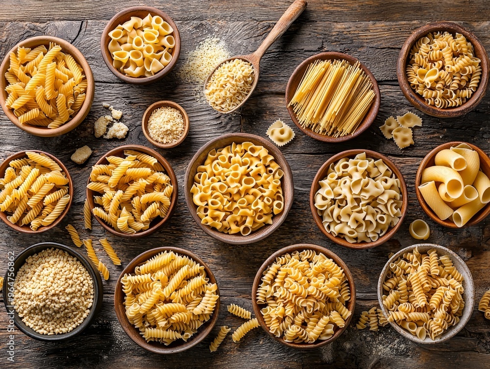 A Feast of Pasta Overhead View of Various Shapes on Rustic Wooden Background A Feast of Pasta Overhead View of Various Shapes on Rustic Wooden Background