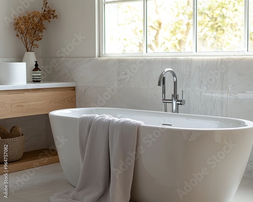 Minimalist Bathroom with White Tub Gray Towel and Marble Tile Low Angle View photo