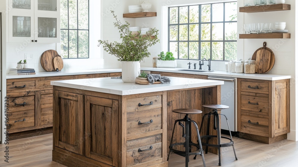 Rustic Kitchen Island with White Quartz Countertop and Farmhouse Style ...