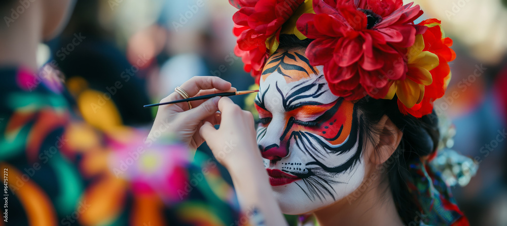 Woman is getting her face painted with a tiger design Woman is getting her face painted with a tiger design