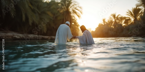 John the Baptist baptising Jesus in the Jordan River, with both figures standing waist-deep in water photo