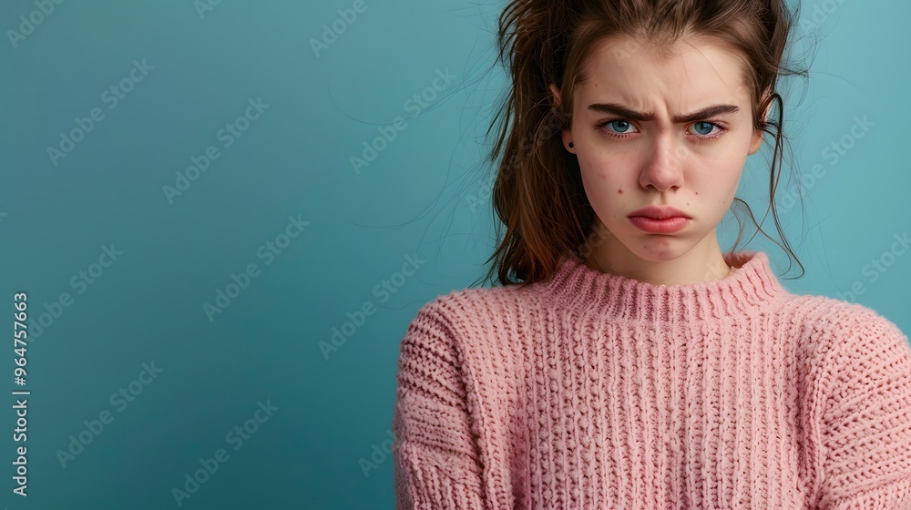 A young woman with an angry expression, wearing a pink sweater against a blue background. A young woman with an angry expression, wearing a pink sweater against a blue background.