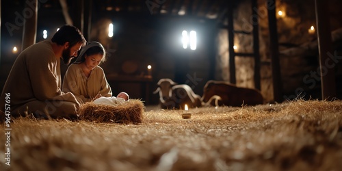 Mary is seated beside the manger with Joseph standing beside her. Baby Jesus lies peacefully in the manger, swaddled in cloth. 