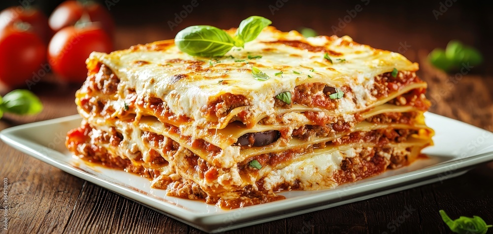 Closeup of a cheesy lasagna slice with basil on a white plate wooden background warm lighting Closeup of a cheesy lasagna slice with basil on a white plate wooden background warm lighting