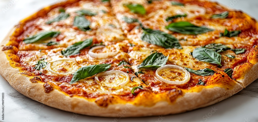 Closeup of a Delicious Pizza with Basil Onion and Cheese on a White Marble Background Closeup of a Delicious Pizza with Basil Onion and Cheese on a White Marble Background