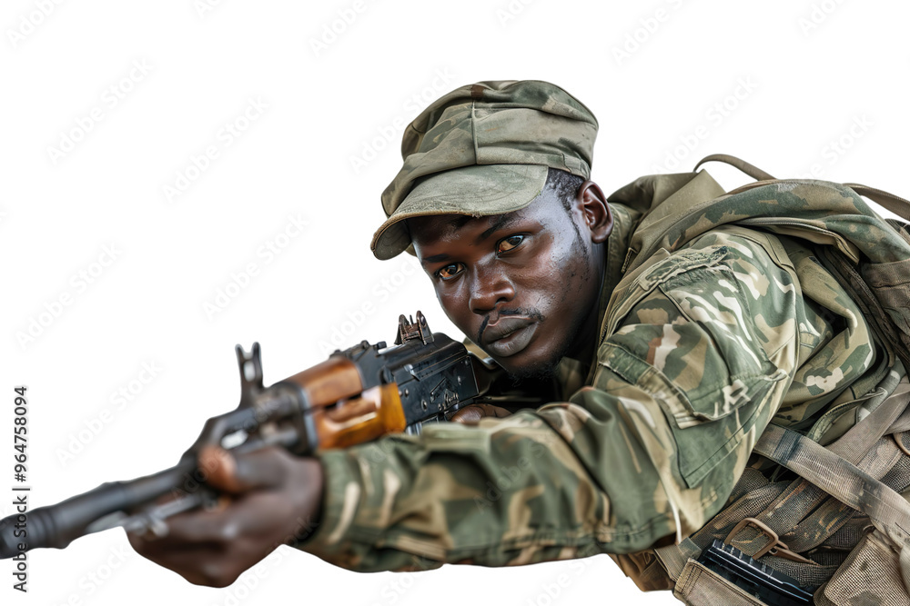 Black African Army Soldiers holding a rifle ready to shot on a white isolated background. Black African Army Soldiers holding a rifle ready to shot on a white isolated background.