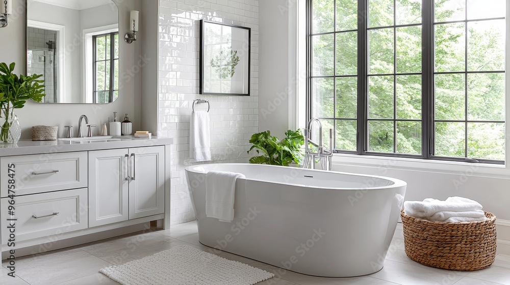 Modern Bathroom with White Tub Large Window and Wicker Basket Modern Bathroom with White Tub Large Window and Wicker Basket