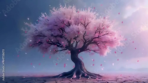 pink flowers are dropping from tree, aesthatic and mystic AI video photo