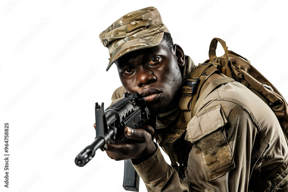 Black African Army Soldiers holding a rifle ready to shot on a white isolated background. Black African Army Soldiers holding a rifle ready to shot on a white isolated background.