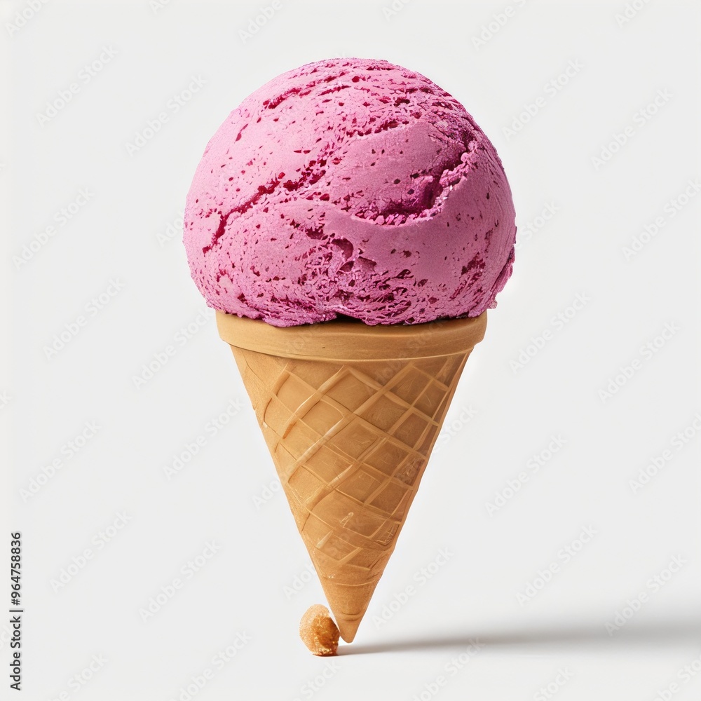Pink soft serve ice cream in a cone on white background.. Pink soft serve ice cream in a cone on white background..