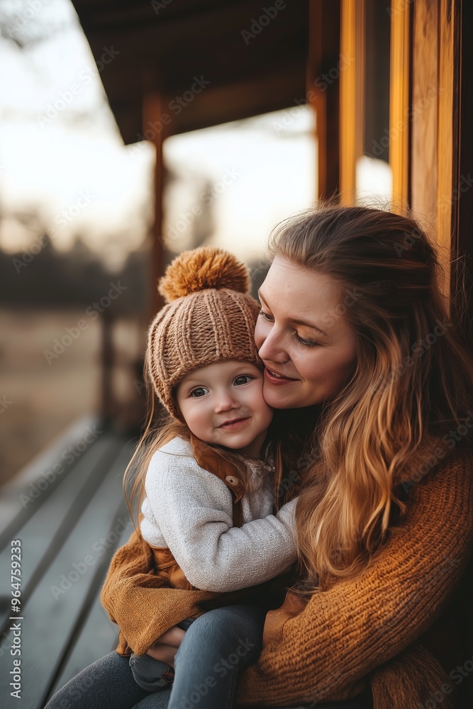 Obraz premium A heartwarming scene of a mother and child in coordinating warm clothes, bonding and enjoying the outdoor environment.