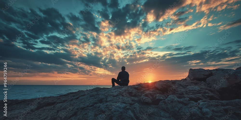 An individual sitting on a rocky shore, watching a breathtaking sunset over the ocean, lost in deep contemplation. An individual sitting on a rocky shore, watching a breathtaking sunset over the ocean, lost in deep contemplation.