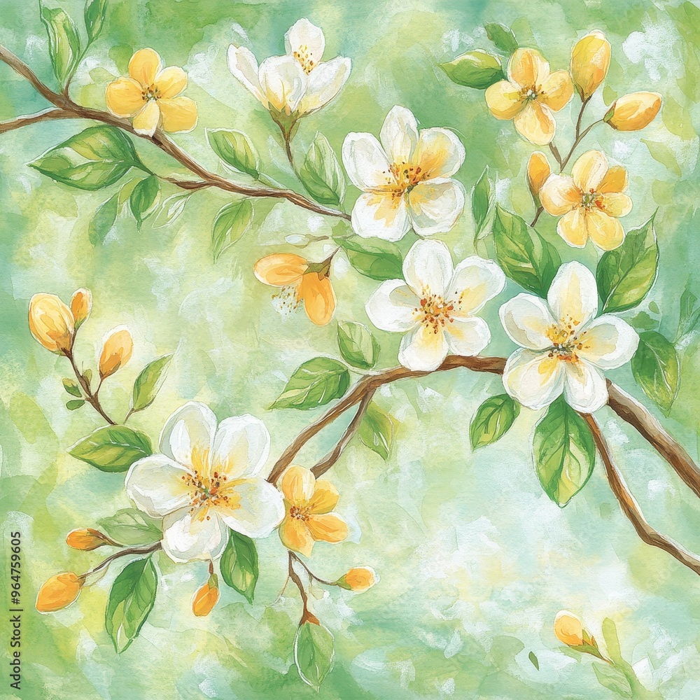 Obraz premium Watercolor Blossom Branch, White Flowers, Yellow Buds, Green Leaves, Spring, Nature, Flowers