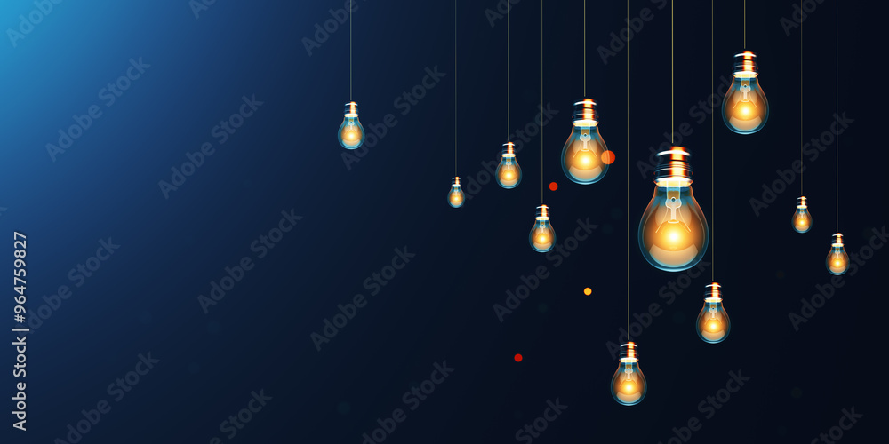 Obraz premium Creative glowing lamps on dark blue background with mock up place. Idea, energy, inspiration and innovation concept. 3D Rendering.