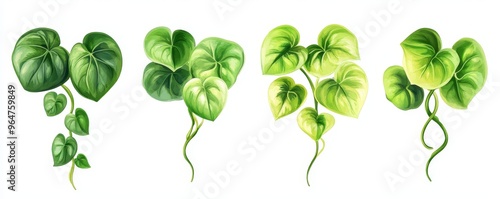 Watercolor Painting of Heart-Shaped Leaves, Green and White Vines, Isolated, Botanical Illustration, Plant Art, Houseplant,