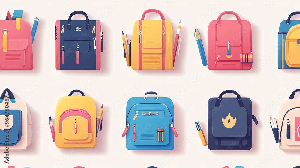 Collection of various colorful school backpacks, featuring stationery and textbooks in a modern flat cartoon style Collection of various colorful school backpacks, featuring stationery and textbooks in a modern flat cartoon style