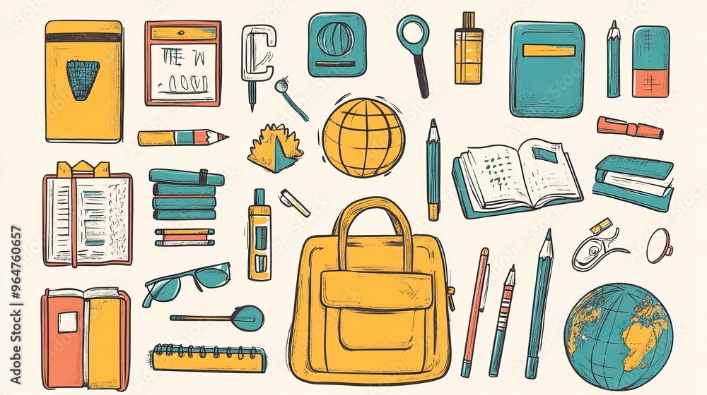 Large collection of school stationery items, illustrated in a bold retro doodle style. This includes a bright school bag, bus, books, and globe Large collection of school stationery items, illustrated in a bold retro doodle style. This includes a bright school bag, bus, books, and globe