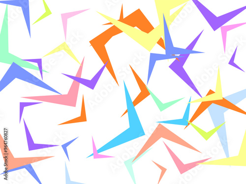 Abstract symbol pattern listed as a design with disassembled shapes.  Multicolored doodles in the form of geometric elements are randomly scattered. 