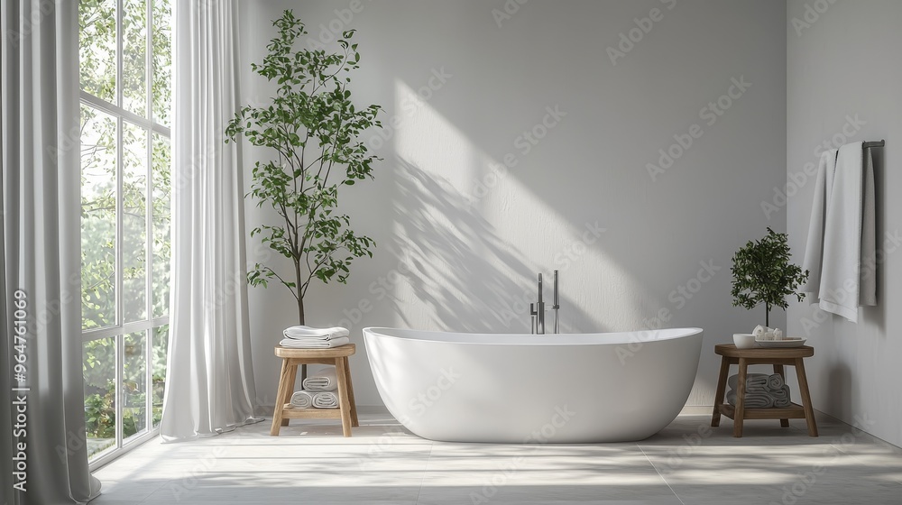 Sunlight streams through a window casting shadows on a minimalist bathroom with a freestanding tub wooden stools and lush greenery Sunlight streams through a window casting shadows on a minimalist bathroom with a freestanding tub wooden stools and lush greenery