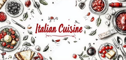 HandDrawn Italian Cuisine A Sketchy Feast of Red Tomatoes Basil and Garlic on White Background