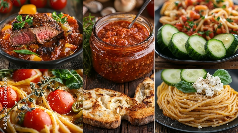 Italian Food Collage Closeup of pasta sauce and bread with a burst of vibrant colors and textures Italian Food Collage Closeup of pasta sauce and bread with a burst of vibrant colors and textures