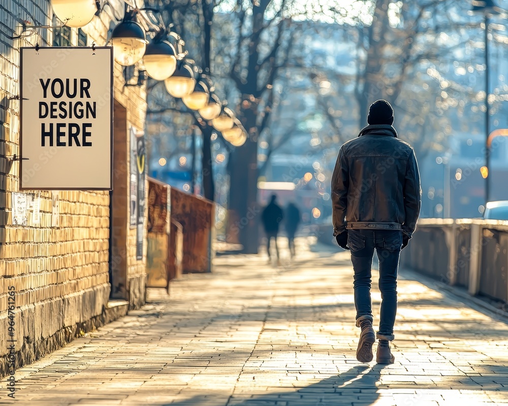 Lonely Figure Walks Away from Cityscape with Blank Sign Low Angle Perspective with Bokeh Lights and Brick Wall Lonely Figure Walks Away from Cityscape with Blank Sign Low Angle Perspective with Bokeh Lights and Brick Wall