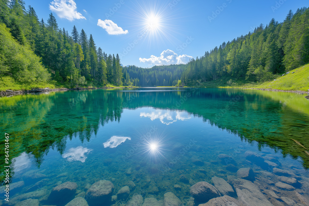 Fototapeta premium beautiful clean transparent turquoise lake with a small sandy beach surrounded by a beautiful green forest, generative AI