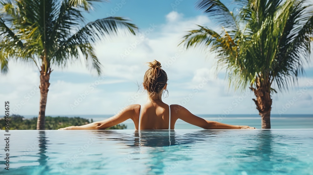 Fototapeta premium Woman in White Swimwear: A woman in a white swimsuit, lounging by the pool with palm trees and clear skies in the background. 