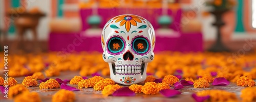 A colorful sugar skull surrounded by marigold petals, symbolizing the Day of the Dead celebration in a festive atmosphere.