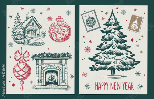 Christmas set with  tree, fireplace  and ball in sketch style. Hand drawn illustration.	
