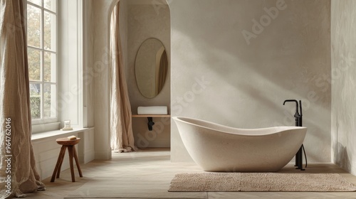 Minimalist Bathroom with Stone Tub and Sunlight Streaming Through Window