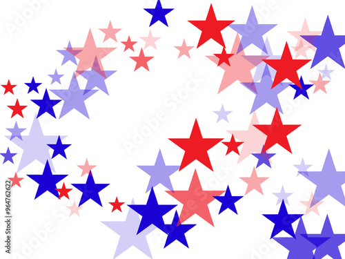 American red and blue stars confetti white background. Vertical frame, vector illustration.  