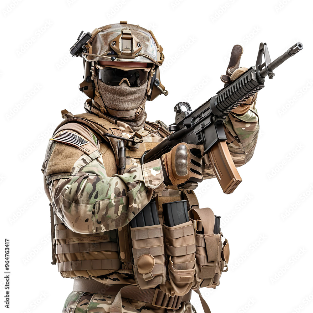 Front view Soldiers standing with rifle on a white isolated background. Front view Soldiers standing with rifle on a white isolated background.