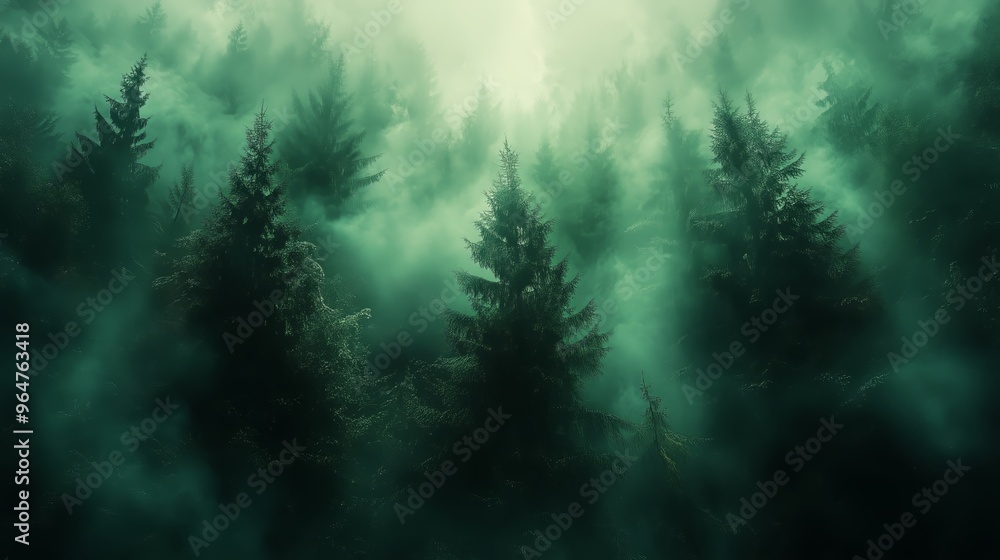 An enchanting illustration of a dense coniferous forest enveloped by a thick mist, casting an aura of mystery and serenity An enchanting illustration of a dense coniferous forest enveloped by a thick mist, casting an aura of mystery and serenity