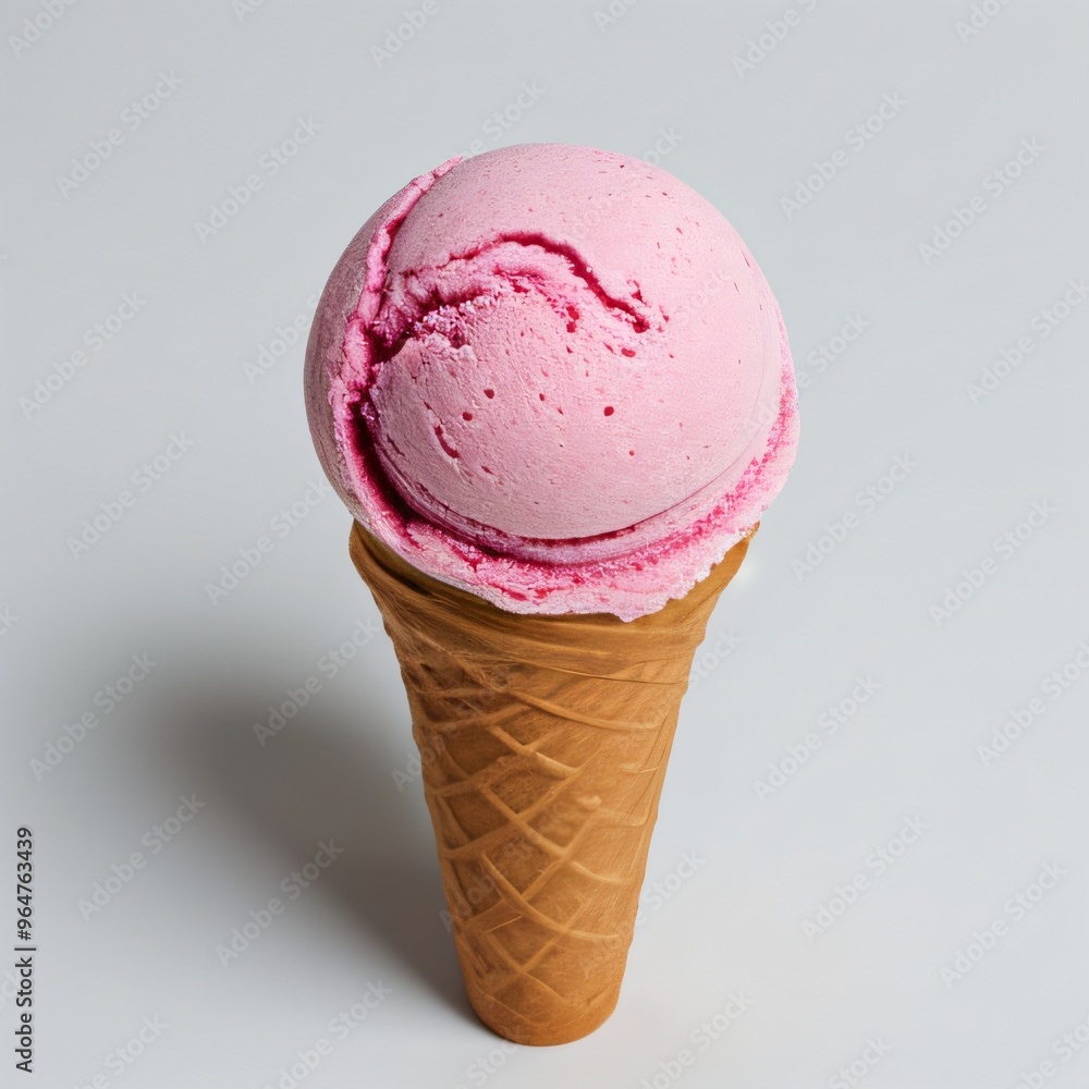 Pink soft serve ice cream in a cone on white background.. Pink soft serve ice cream in a cone on white background..