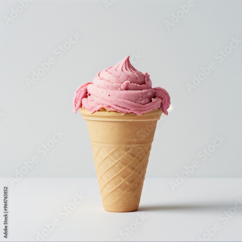 Pink soft serve ice cream in a cone on white background..